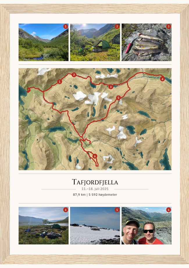 Plakat av turen gjennom Tafjordfjella i juli 2025, med ruta på malt terrengkart og seks bilder fra turen
